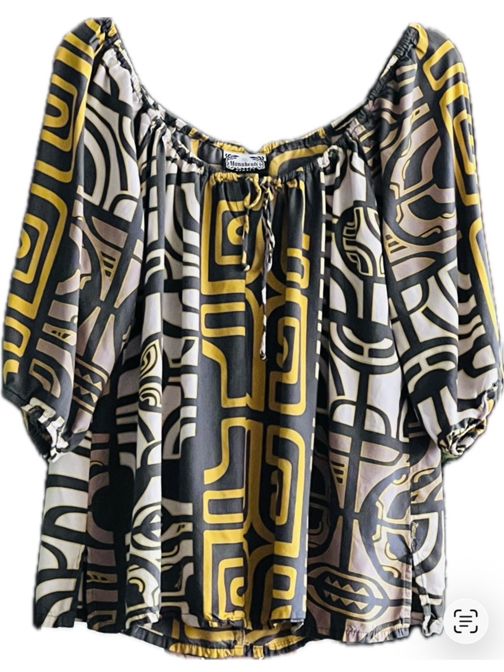 Manuhealii Geo-Print Off-Shoulder Blouse in Black, Mustard & Cream